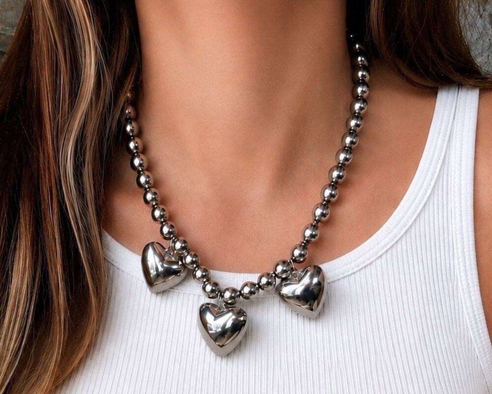 VTG Navajo Pearl Style Silver Tone Bead Puffy Heart Western Statement Necklace